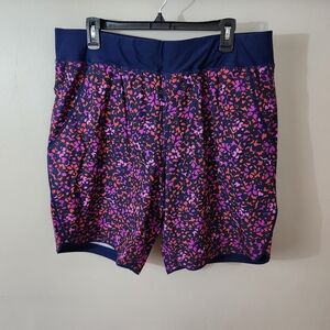 Lands' End 16 SWIM SHORTS Navy POCKETS  Purple & Orange Floral Print Like New